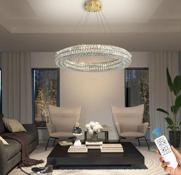 Led 32" Gold Ring Crystal Chandelier, Modern Chandeliers Lighting and Hanging Ring Adjustable, Stainless Steel Ceiling Light Fixture for Living Room Dining Room Bedroom