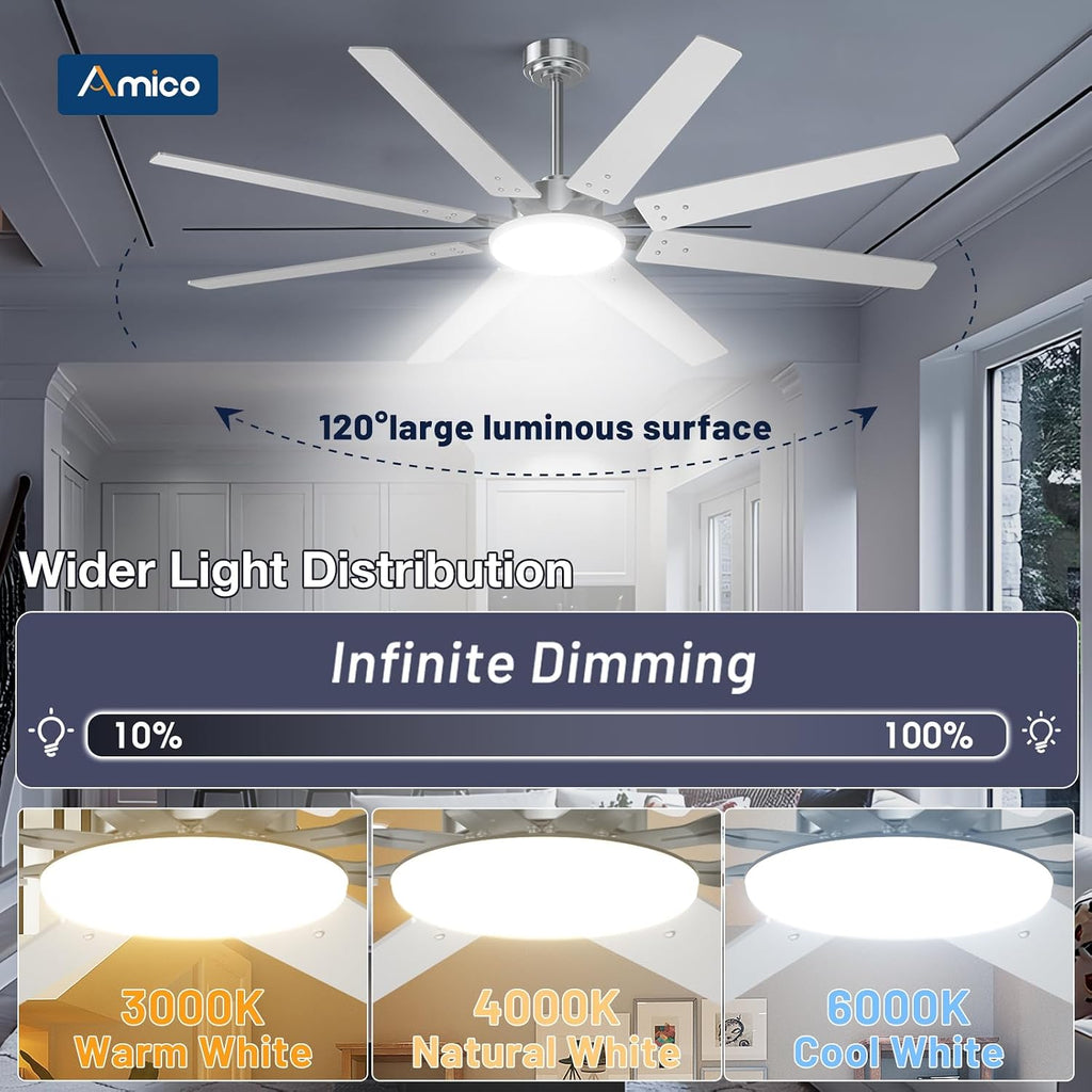 72 inch Brushed Nickel Ceiling Fan with Light, Large Modern Ceiling Fans with Remote, Reversible DC Motor