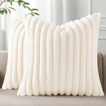 Faux Fur Plush Fall Throw Pillow Covers 18x18 Set of 2, Luxury Soft Fluffy Striped Decorative Pillow Covers, Cream White