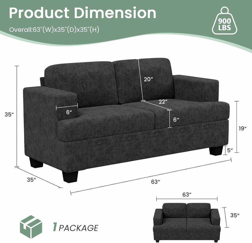 63" Loveseat Sofa Couch , Small Couch with Deep Seat , Comfy Cloud Loveseat , Dark Grey Chenille