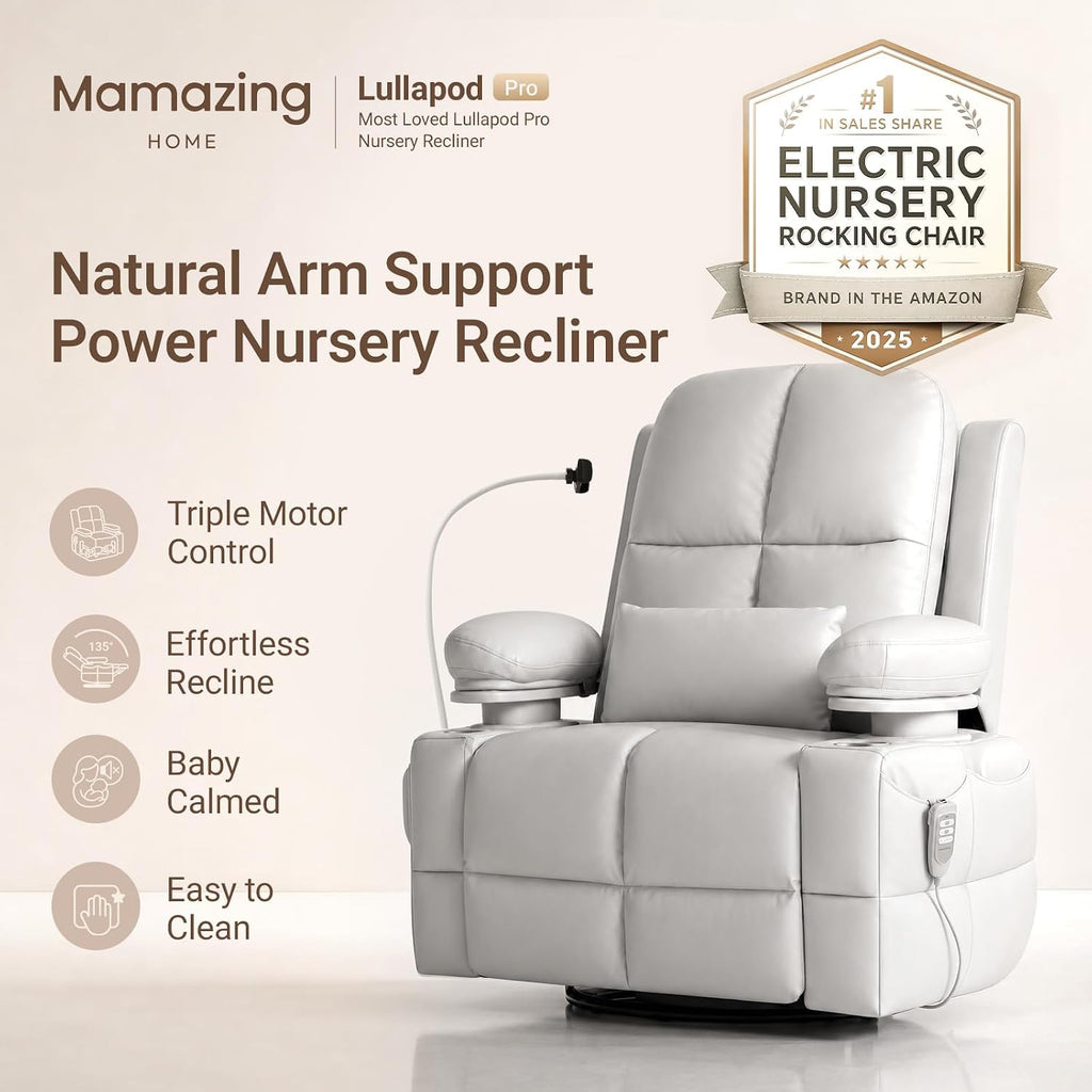 Lullapod Power Nursery Rocking Chair with HugAssist Armrest | Triple Motor Power Nursing Recliner with 270° Swivel
