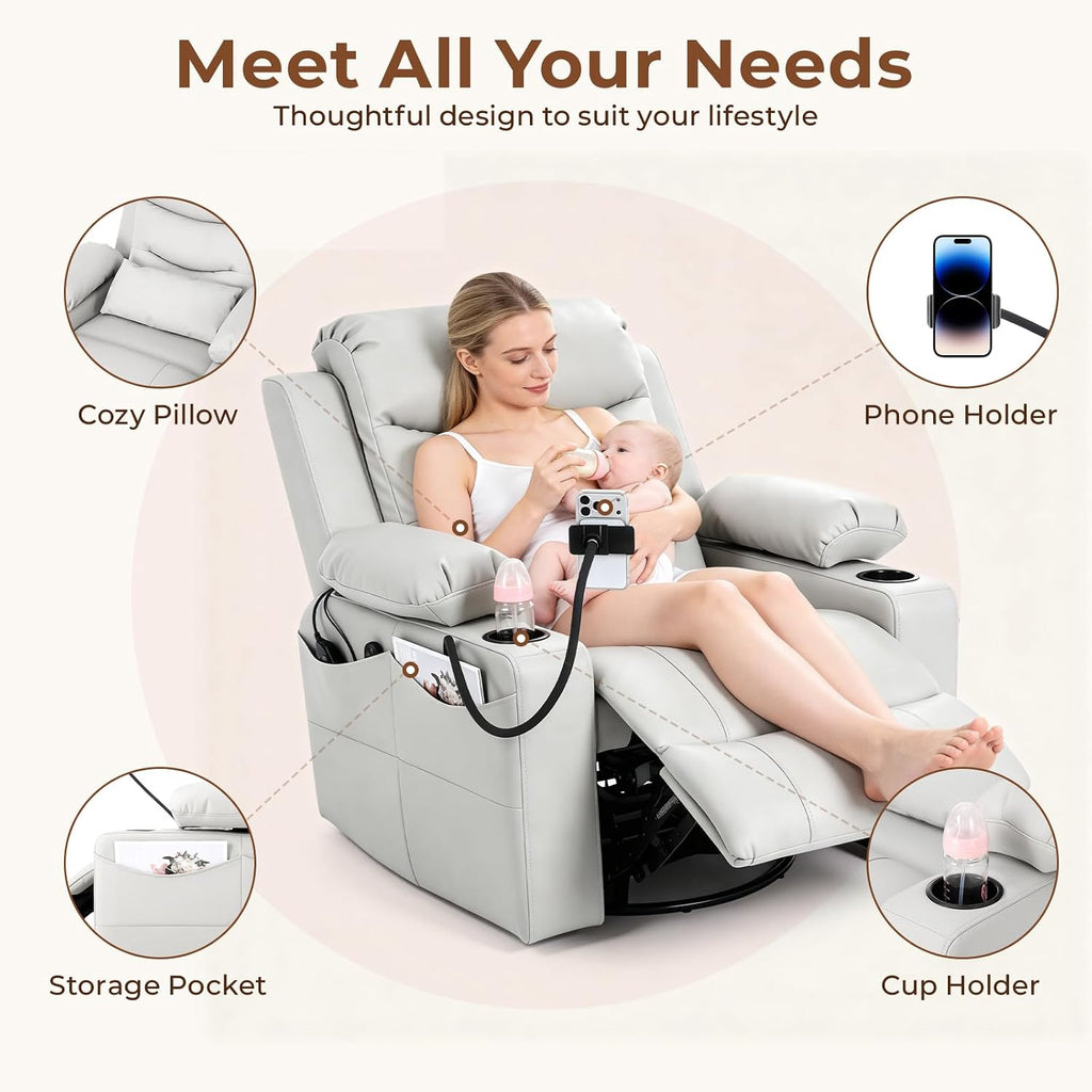 Electric Nursery Recliner Chair, Triple Motor Power Glider, 270° Swivel Rocking Chair with Adjustable Armrests