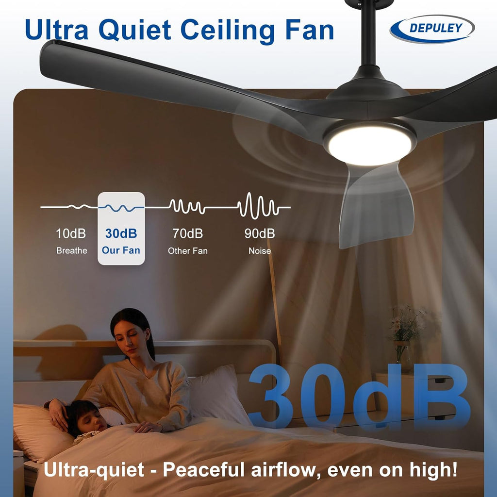 52-Inch Ceiling Fan with Light: Black 3 Blade Outdoor Fans for Patios - Dimmable Indoor Fan with Remote APP Control Ultra Quiet DC Motor Reversible 6 Speed Timer