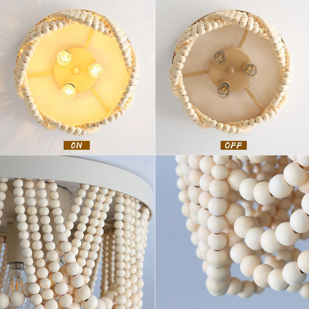 RyalQ Boho Ceiling Light 3 Light Wood Beaded Chandelier