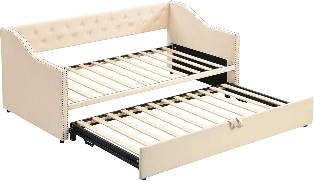 Twin Size Upholstered Velvet Daybed with Pop Up Trundle, Multi-Functional Sofa Bed with Backrest and Two Armrest for