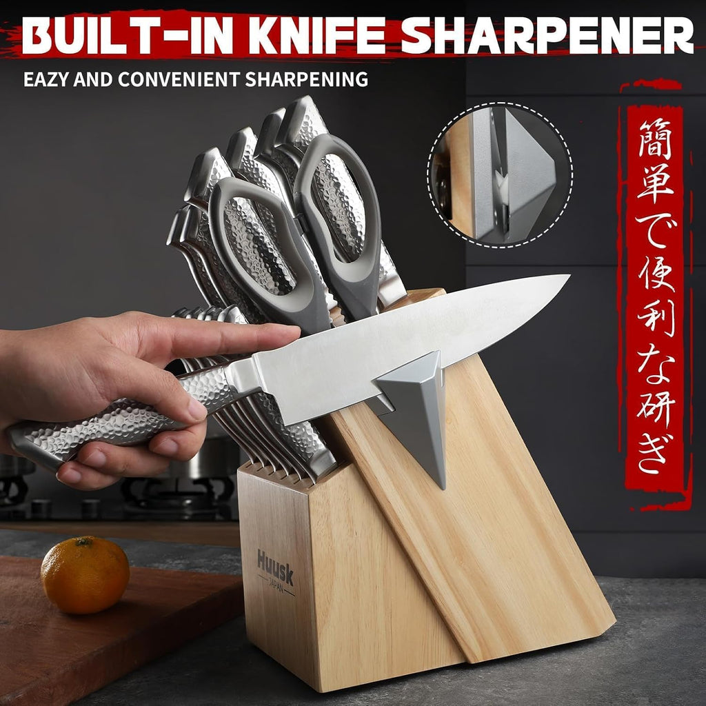 Kitchen Knife Set with Block & Built-in Sharpener - 15pcs | Japanese Stainless Steel Knife Block Set - Sharp