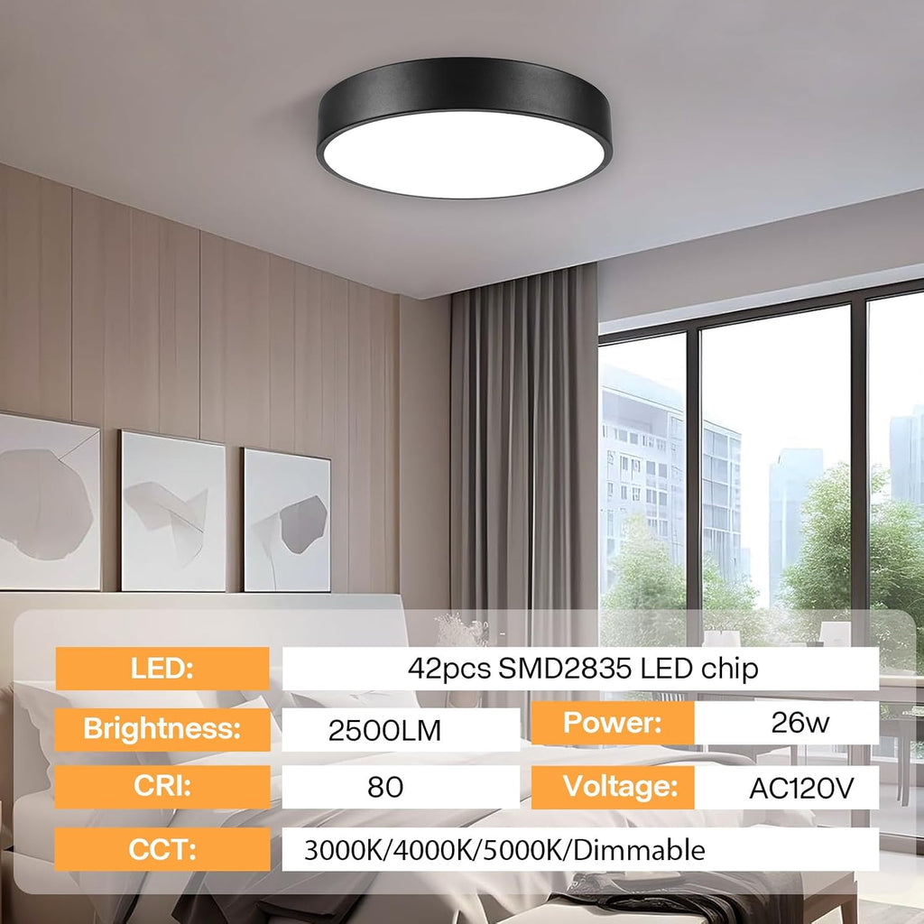 Matte Black Flush Mount Ceiling Light, 3000-5000K 13inch Modern Bedroom Lighting Fixtures Ceiling Mount, Dimmable