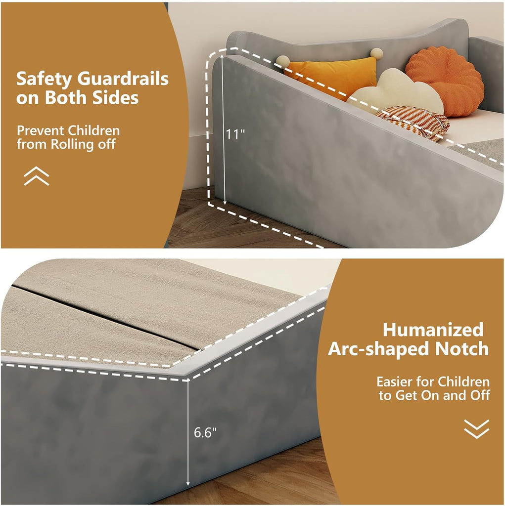 Toddler Bed, Floor Bed with Safety Guadrail, Montessori Toddler Bed with Animal Ear Shapes, Soft Velvet Wood Bed for
