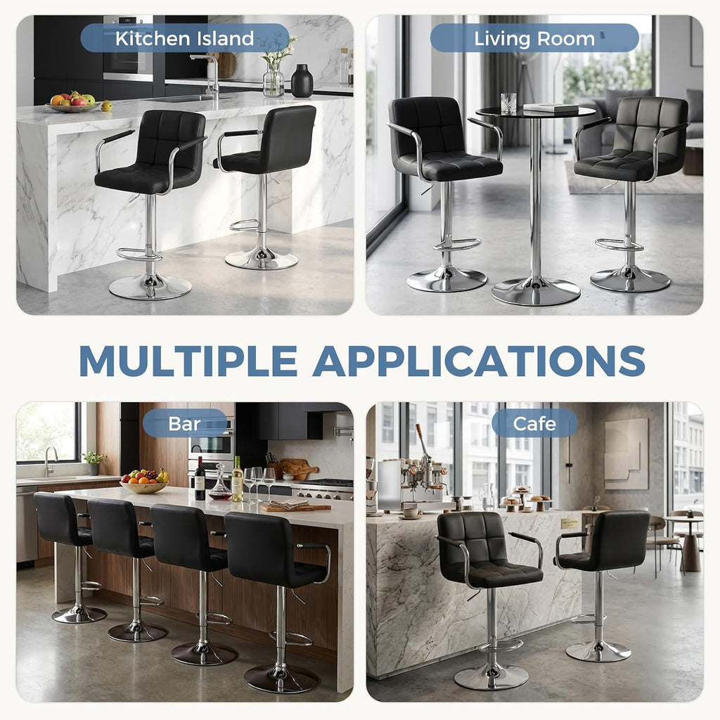Swivel Bar Stools Set of 4, PU Leather Upholstered Bar Chairs with Back & Armrests, Adjustable Counter Height Stools