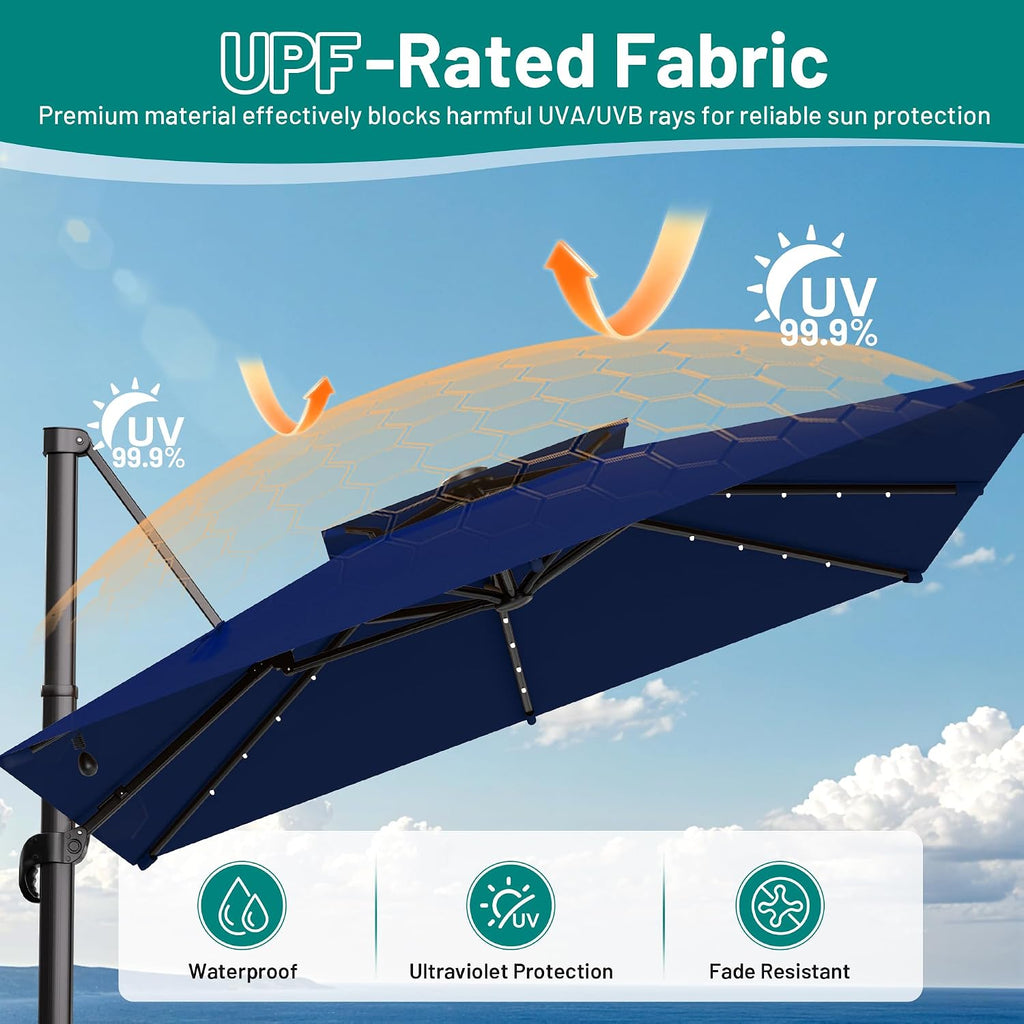 11×11FT Solar LED Cantilever Umbrella, Double-Top Outdoor Patio Offset with 360 Degree Rotation