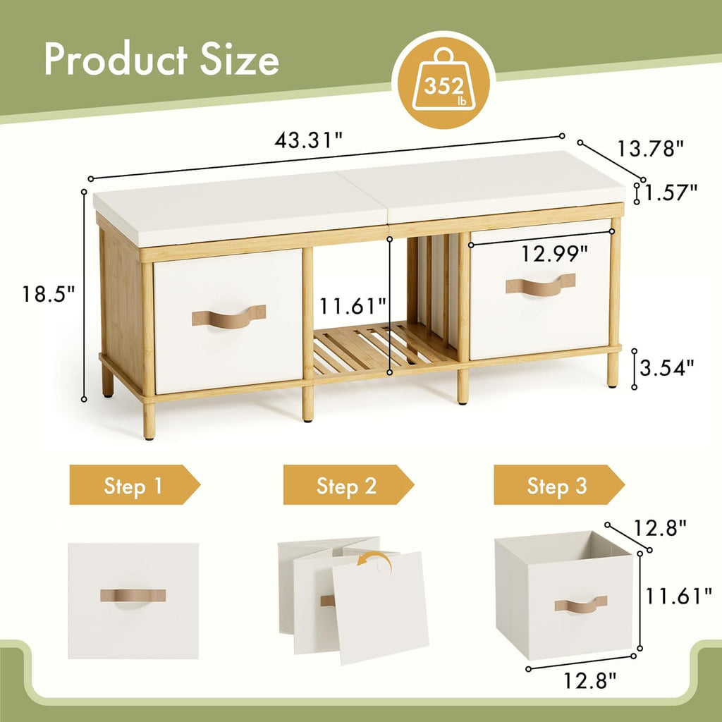 Storage Bench, 43.3" Bamboo Storage Chest with 3 Drawers, Entryway Bench with Cushioned Seat, End of Bed Bench with