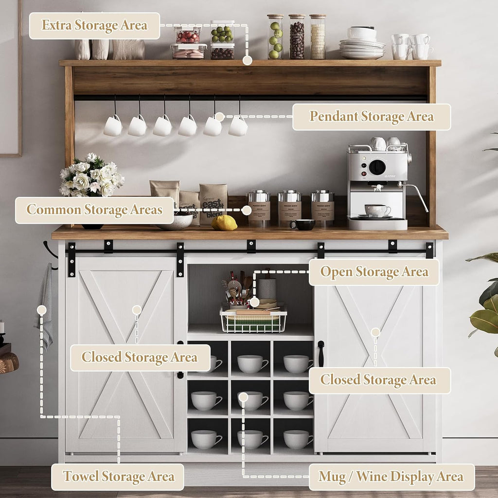 Farmhouse Coffee Bar Cabinet with Storage, 47'' Buffet Cabinet with Hutch and Sliding Barn Door