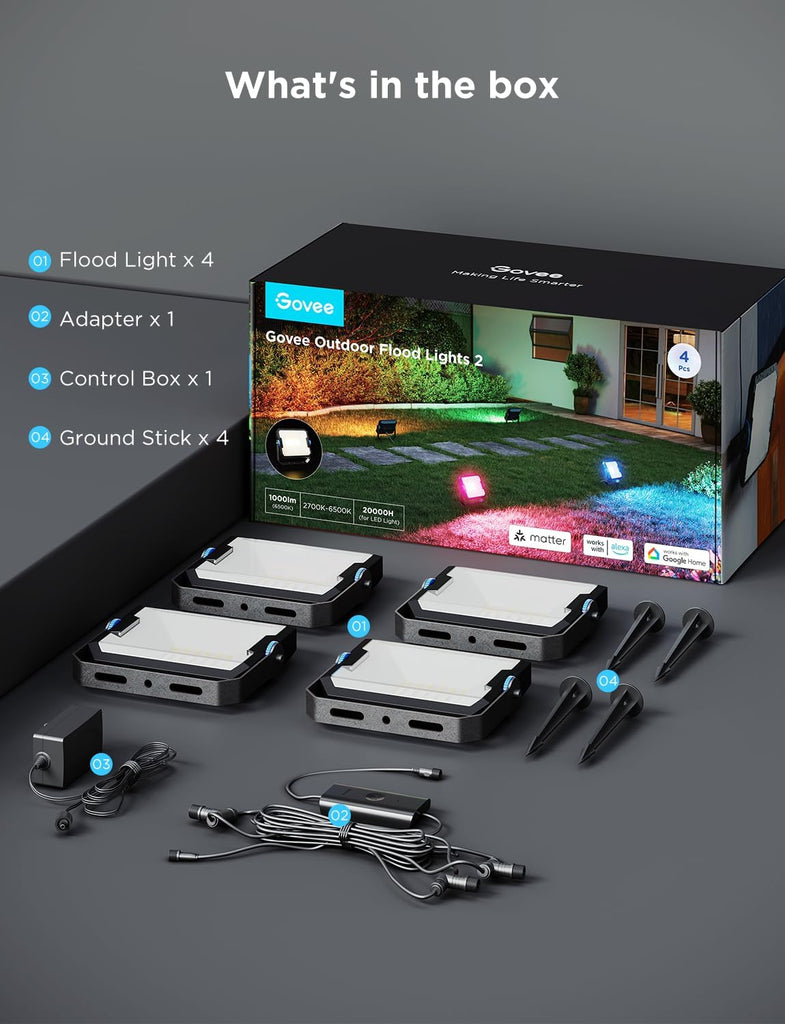 Outdoor Flood Lights 2, RGBIC IP66, Wired 4 Pack | 50 Scene Modes,App Control,RGBIC Warm Cold White lights,Compatible