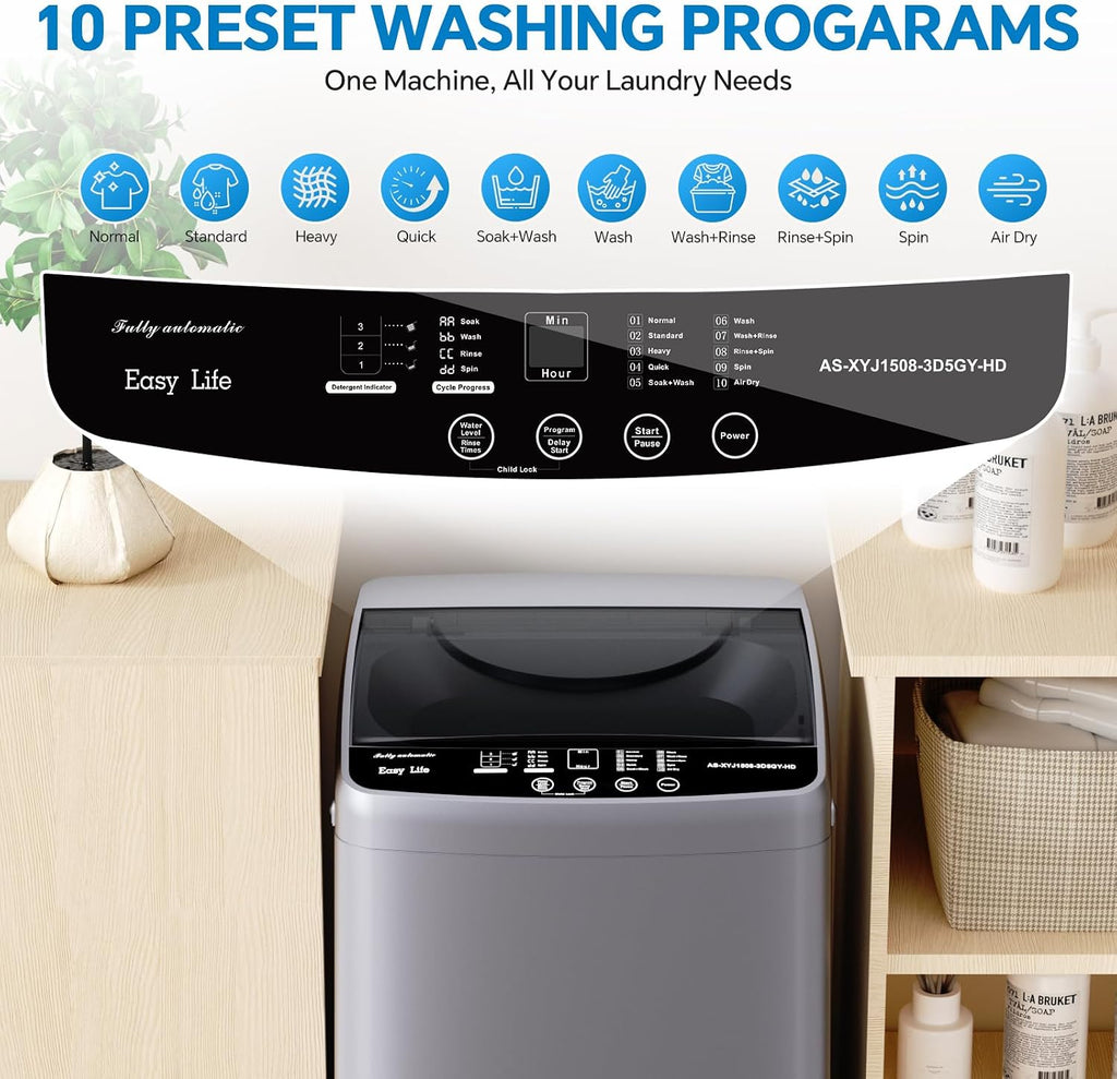 Portable Washing Machine, 7.7 lbs Full-Automatic Compact Laundry Washer, Stainless Steel Drum, 10 Wash Cycles