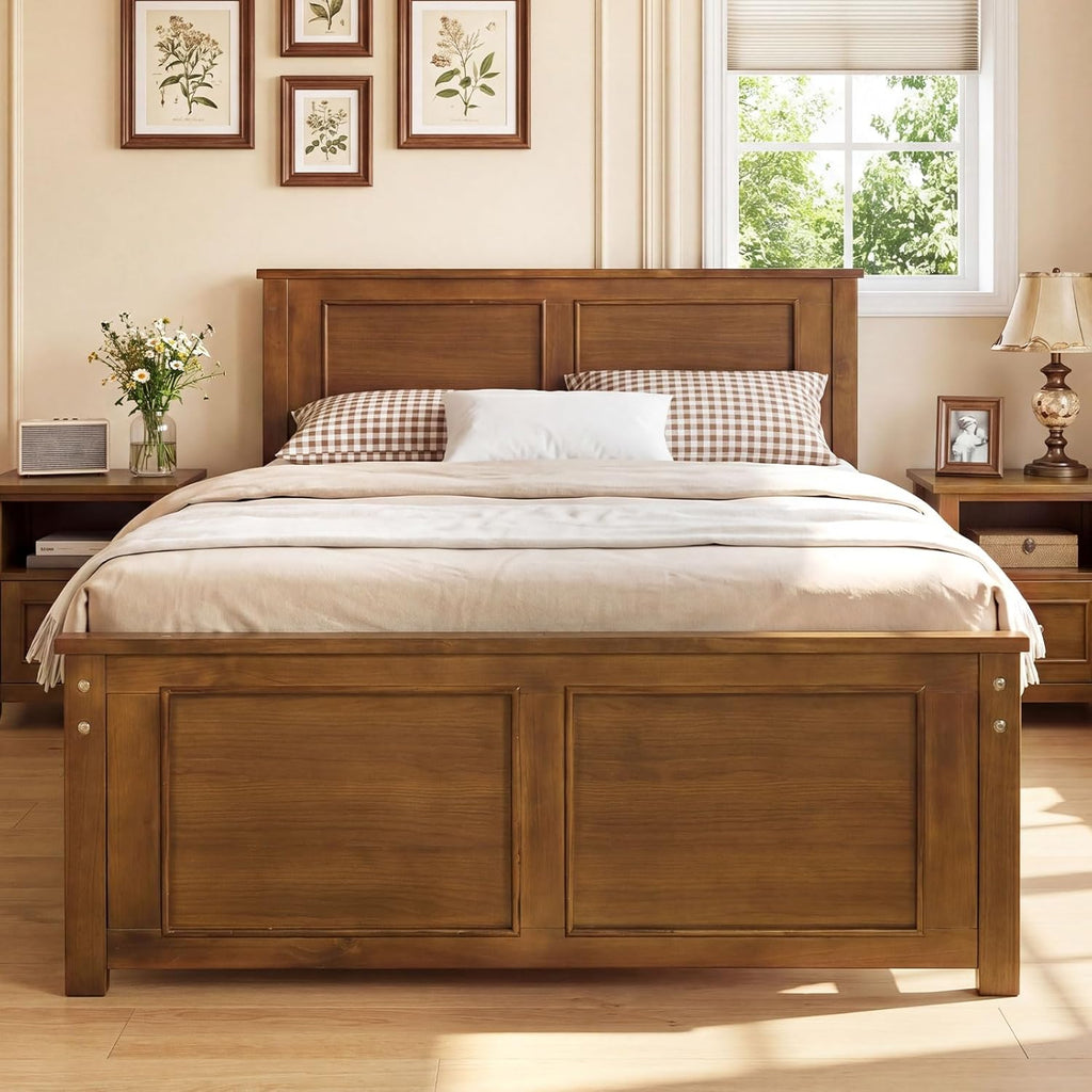 Wood Twin Bed Frames with Headboard, Farmhouse Solid Platform Bed w/Wooden Slat Support Mattress Foundation