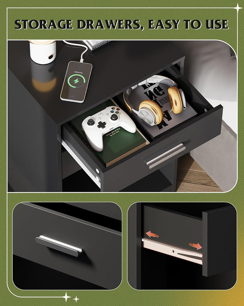 Nightstand Set of 2 with Charging Station, Wood Night Stand Sets with 2 Drawers and Open Shelf, Bed Side Tables