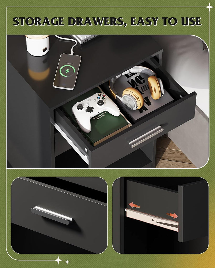 Nightstand Set of 2 with Charging Station, Wood Night Stand Sets with 2 Drawers and Open Shelf, Bed Side Tables