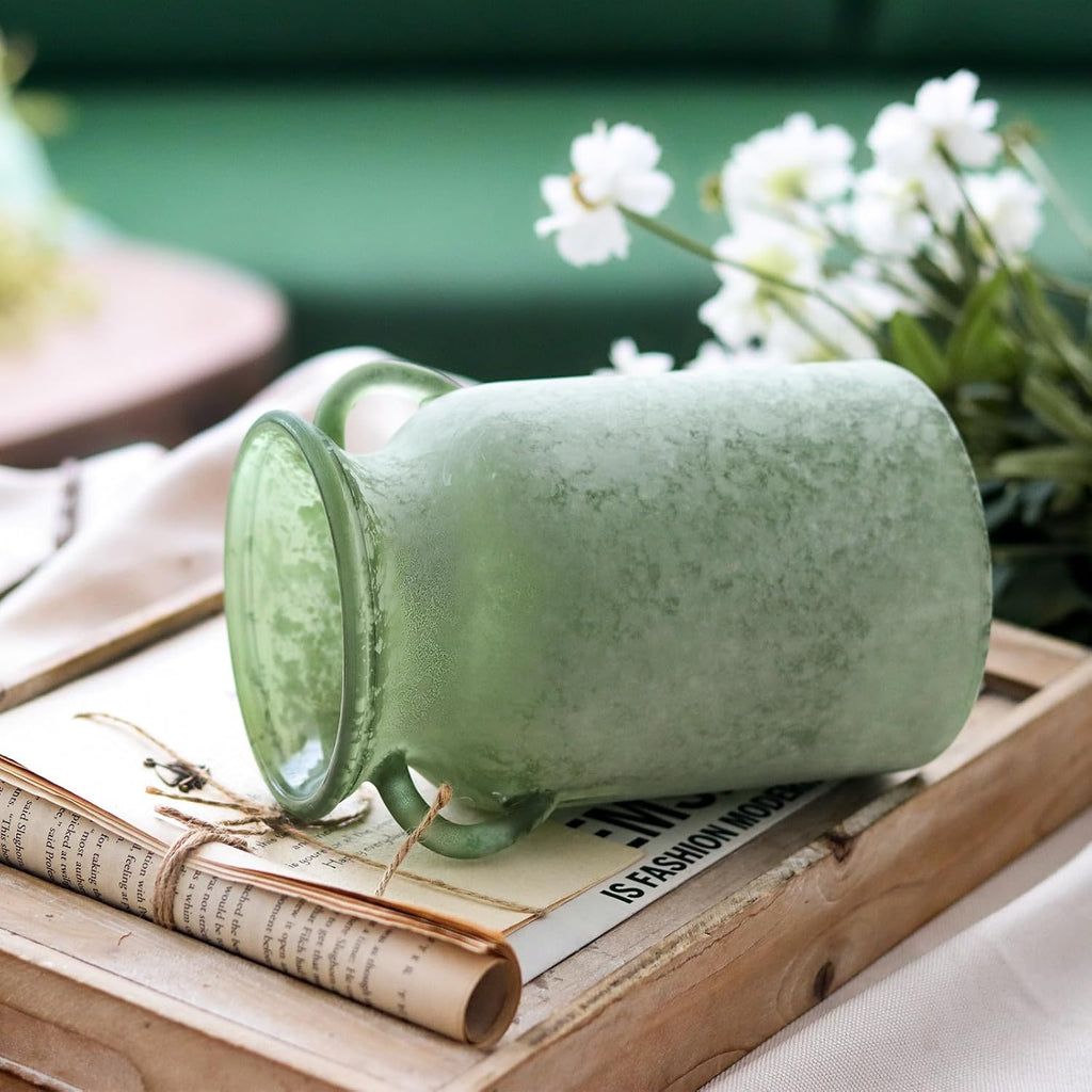 Glass Flower Vase with Handle - 8 Inches Rustic Imitation Ceramic Vase