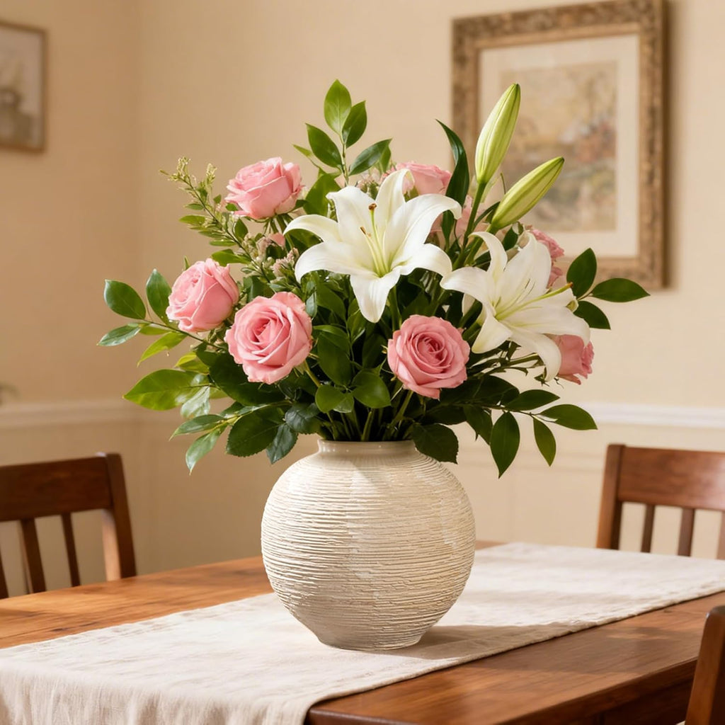 Rustic Farmhouse Vase Home Decor - 6 in Ceramic Boho Decorative Vase for Decor, Round Clay Whitewashed Terracotta