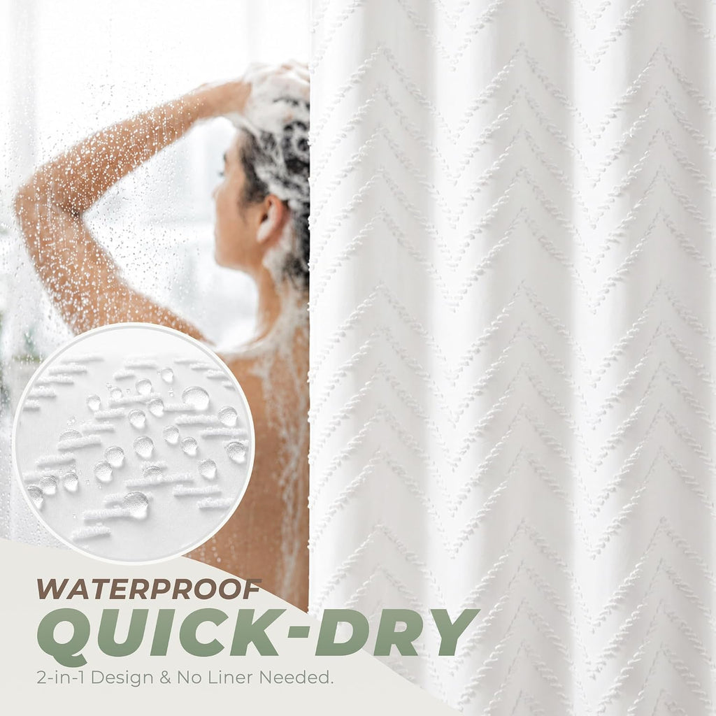 White Boho Fabric Shower Curtain 72 x 72 Inches | Textured Tufted Chevron Striped,Modern Minimalist Cloth Shower
