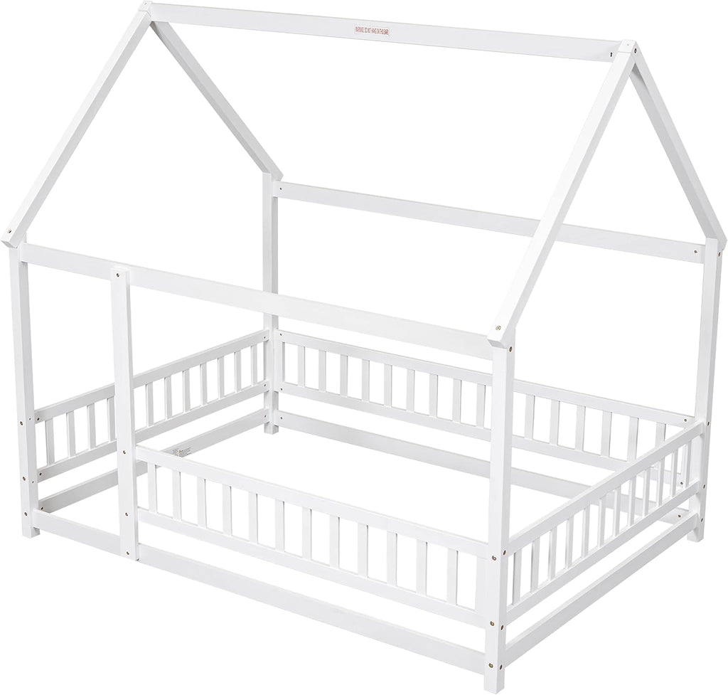 Full Size House Floor Bed,Wooden Montessori Bed with Fence and Roof for Kids,Playhouse Full Bed Frame for