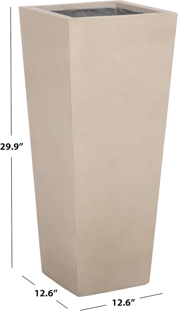 Outdoor Patio Furniture Collection - Paloma Beige Ficonstone Tall Planter Pot, Modern Square Plant Container, Fully