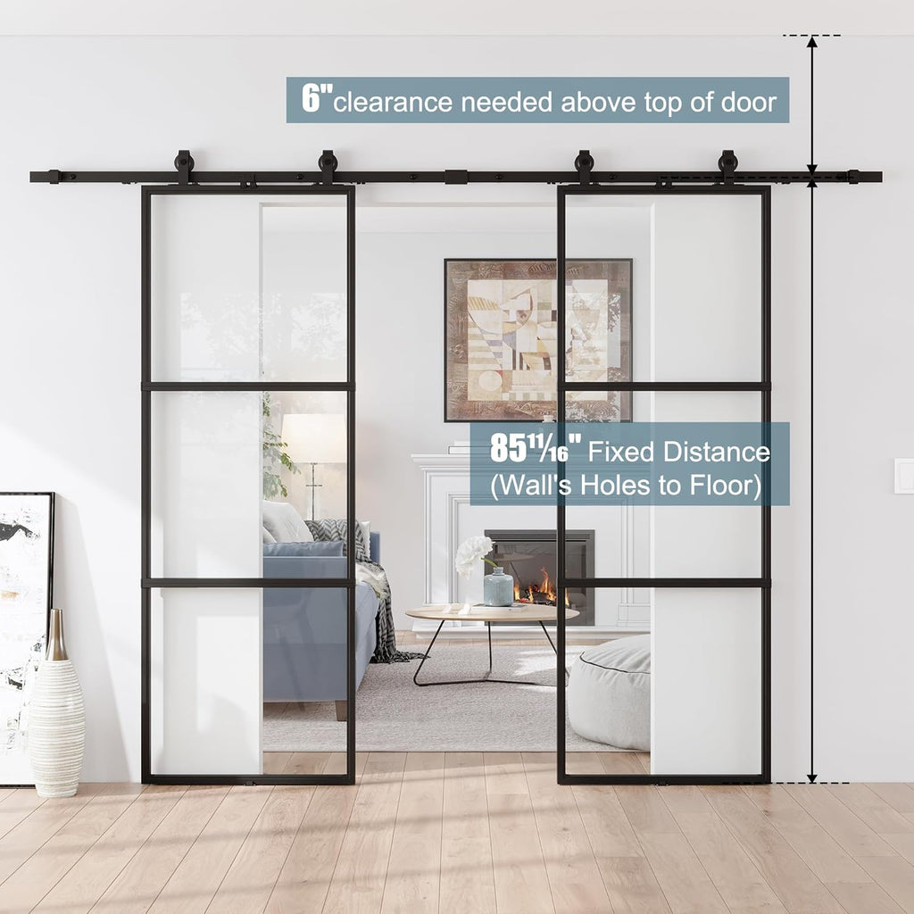 76 x 84 in Metal and Glass Sliding Double Barn Door with Installation Hardware Kit (Soft-Close Inclu