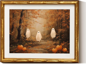 Gold Bamboo Framed Fall Wall Art, Autumn Halloween Ghosts, 11x14in