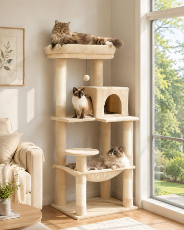 Cat Tree for Large Cats Adult with Metal Plush Big Hammock, 56.3" Cat Tower with 2 Door Condo House, 6-Tier Cat