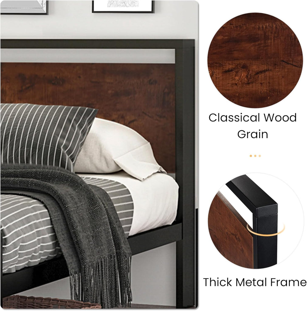 14 Inch Queen Metal Platform Bed Frame with Wooden Headboard and Footboard, Mattress Foundation, No Box Spring