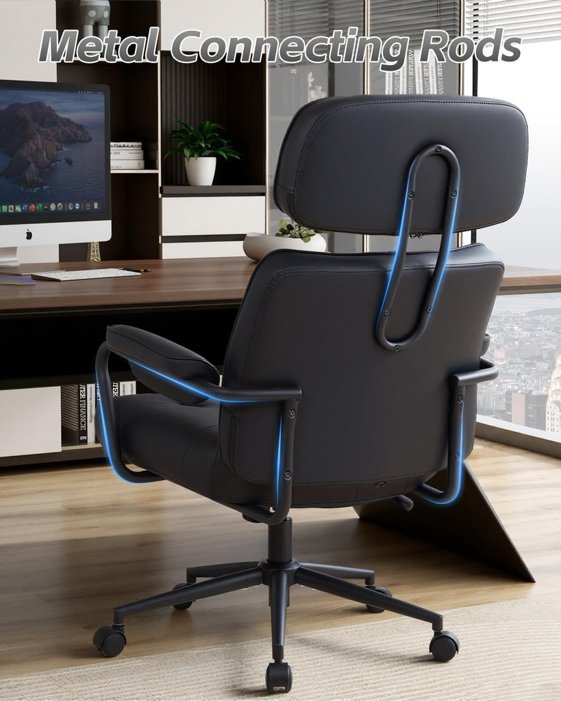 Mid Century Modern Home Office Desk Chair, Ergonomic Big and Tall, High Back Executive Leather Extra Wide, Computer