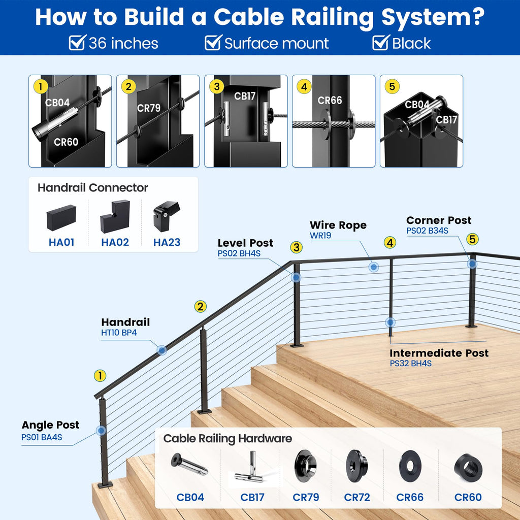 36" Black Cable Railing Corner Post Surface Mount PS02 B34S