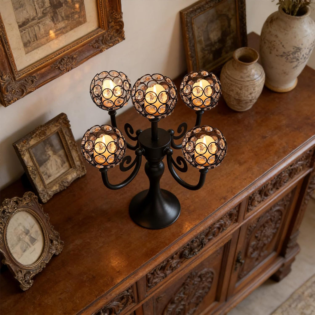 5 Arm Metal Crystal Candelabra Centerpiece - 13.4 Inch Elegant Candle Holder with Crystal Beadsable Decoration (2