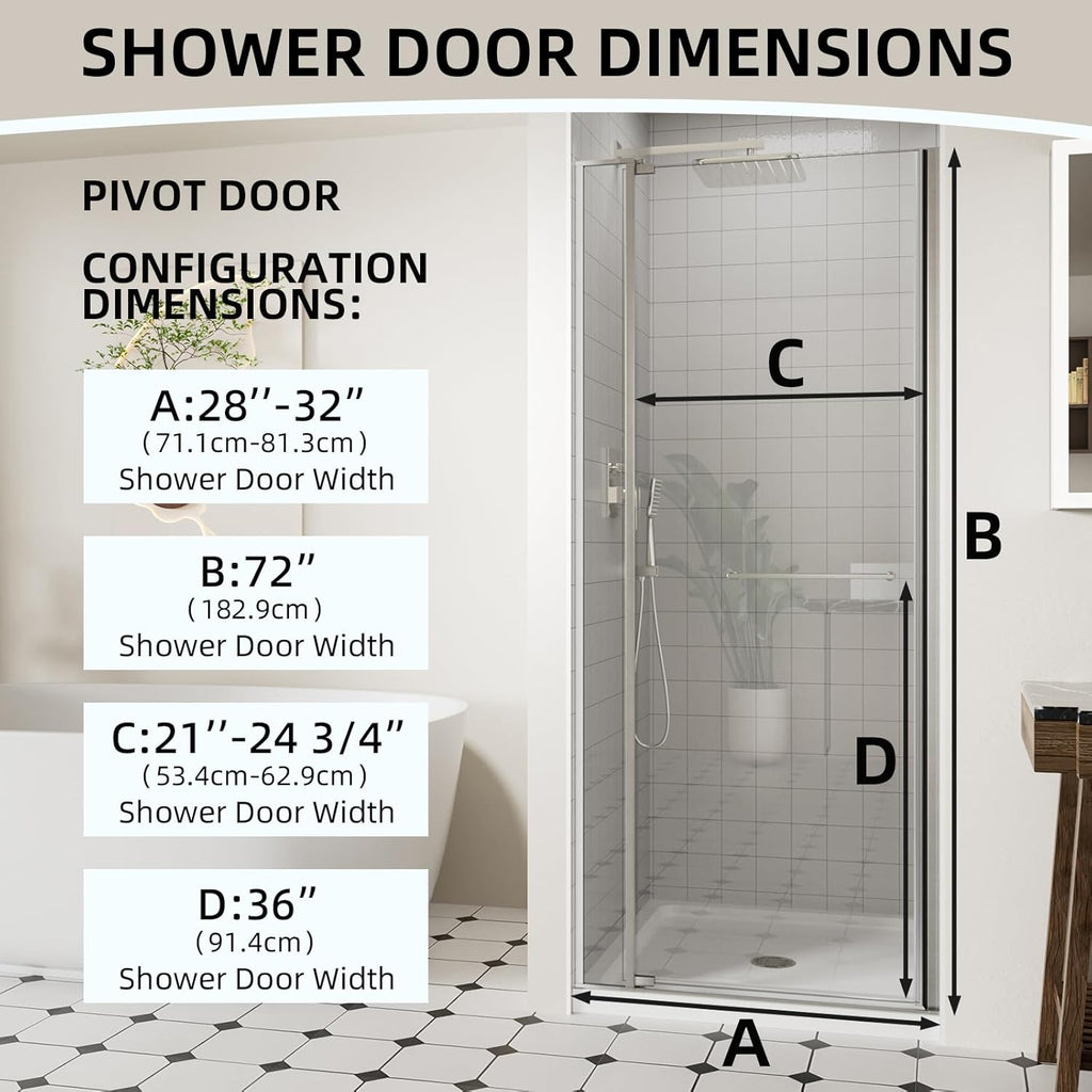 28-32" W x 72" H Frameless Pivot Shower Door