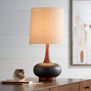 Andi Mid Century Modern Table Lamp 24.5" High Hammered Bronze Ceramic Wood Off White Tall Drum Shade