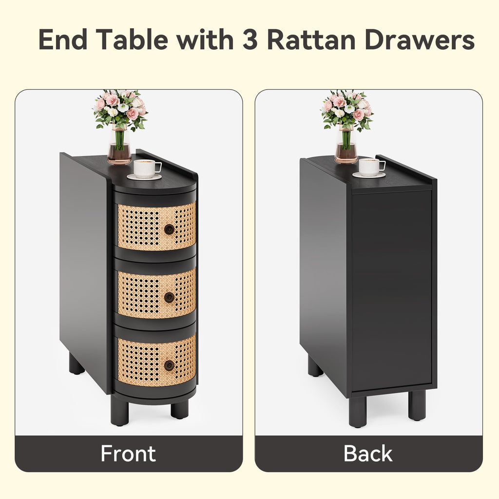 Solid Wood Set of 2, Rattan Narrow Side Table