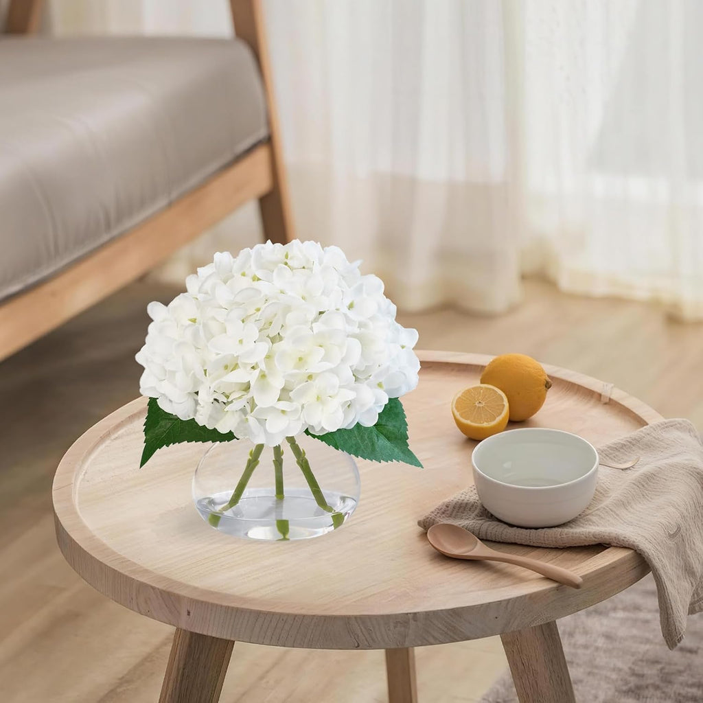 Hydrangea Artificial Flowers in Glass Vase, White Silk Fake Flowers Silk Centerpiece Table Decorations , Coffee Table