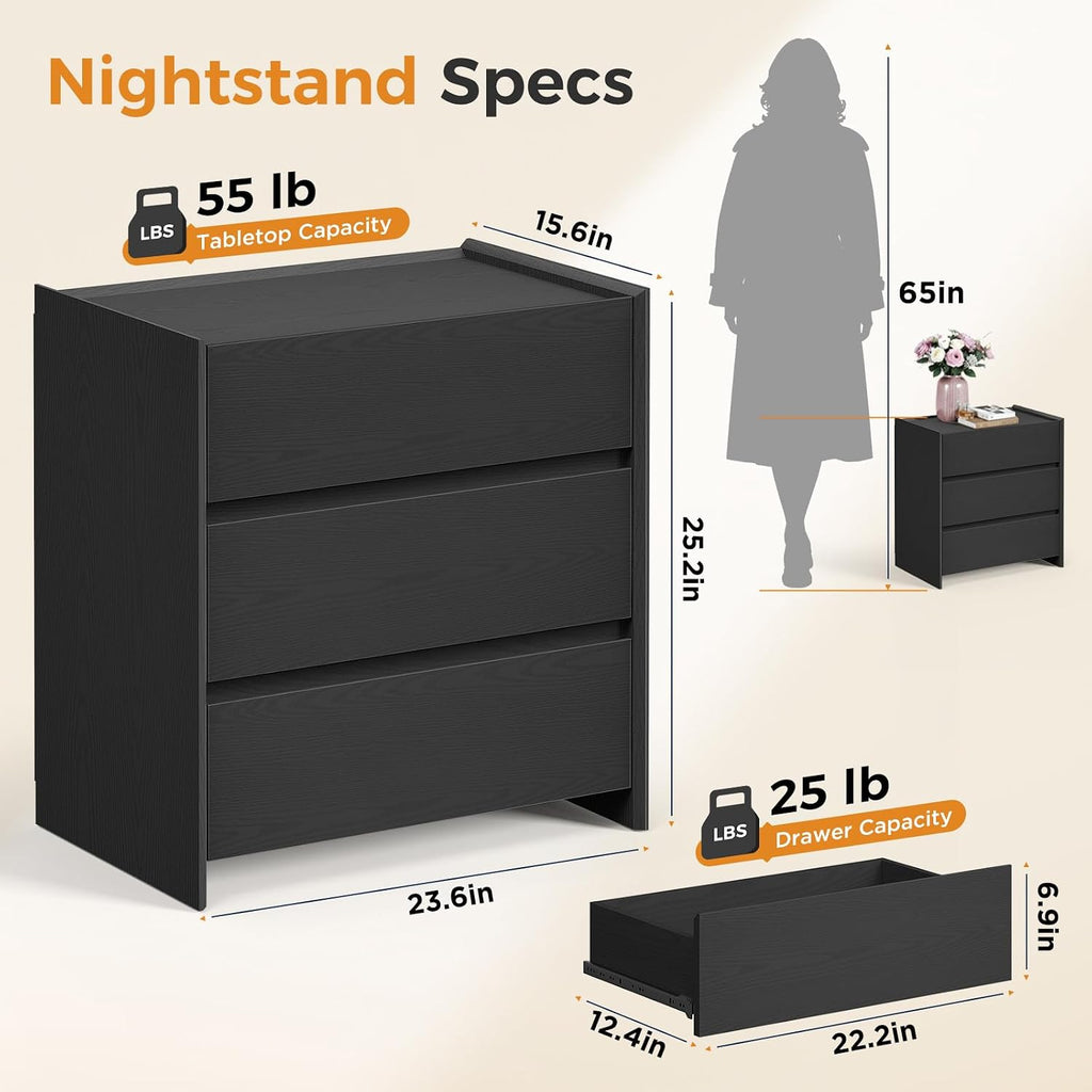 Black Night Stand with 3 Drawer, Modern Wood Nightstand with Spacious Storage, Smooth Glide Drawers Sturdy Bedside