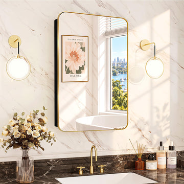 16x24 in Brushed Gold Medicine Cabinet with Mirror, Brass Gold