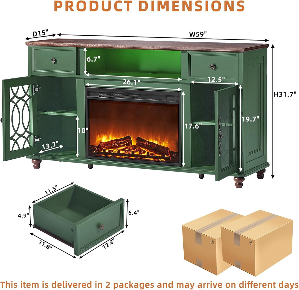 59 Inch Farmhouse Fireplace TV Stand for TVs up to 65 Inches, Entertainment Center with Electric Fireplace, LED Lights, Glass Doors, Storage Drawers, Green