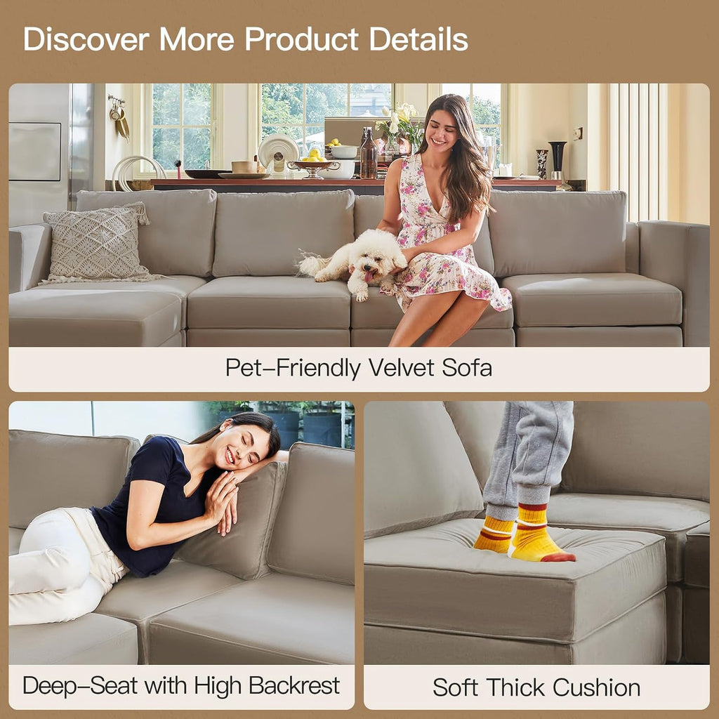 Modular Sectional Sofa with Ottoman Velvet L Shaped Corner Sofa Set Convertible Sectional Sofa with Chaise Velvet