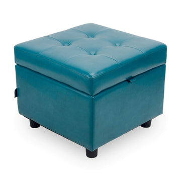 Tufted Leather Square Flip Top Storage Ottoman Cube Foot Rest (Blue with Storage)