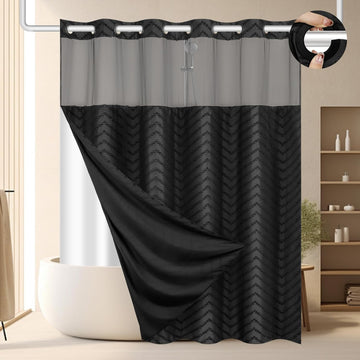 Black No Hook Shower Curtain Set with Snap in Liner, 71'' x 74'' | Bathroom Hotel Fabric Curtain, Waterproof Washable