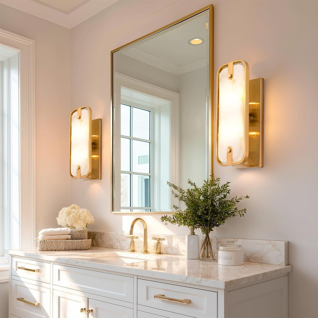 Casia 16" Modern Gold Faux Alabaster Wall Sconce, Gold Wall Light with Honed Resin Shade in Alabaster Finish