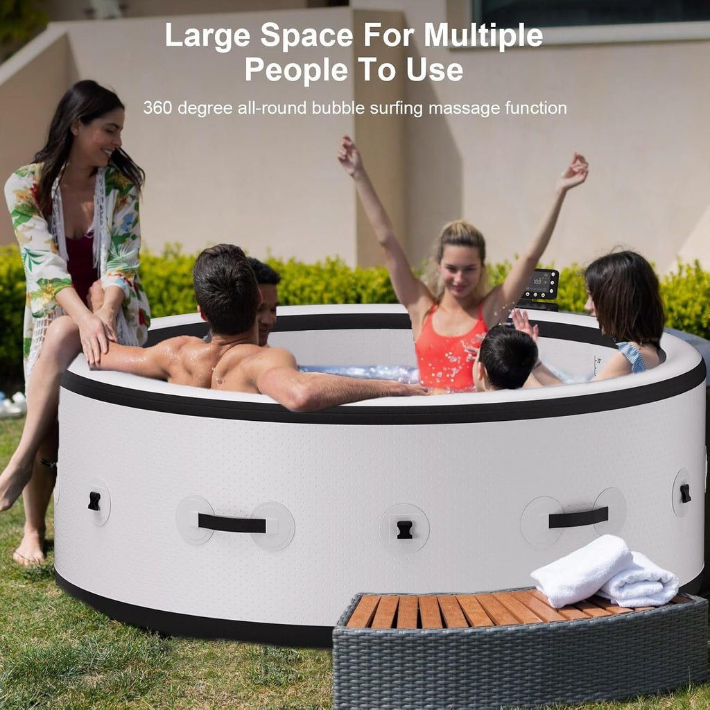 4-6 Person Round Inflatable Hot Tub, Portable Outdoor Spa with Max 104 °F Thermostatic Heating, Auto Inflation, 6 LED