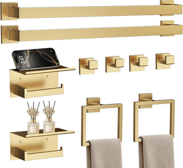 10-Piece 23.6 Inch Brushed Gold Bathroom Hardware Accessories Set | Stainless Steel Bath Extended Towel Bar, Toilet