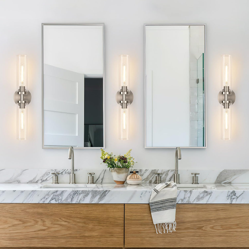 Wall Sconces Set of Two, Hardwired Brushed Nickel Bathroom Sconces Wall Lighting with Clear Glass, Modern Sconces