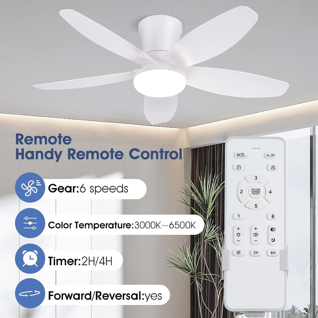Ceiling Fans with Lights-36 Low Profile Ceiling Fan with Light and Remote/APP Control,Flush Mount,DC Reversible,LED Dimmable Modern Ceiling Fans for Bedroom,Indoor/Outdoor Patio Use(White)