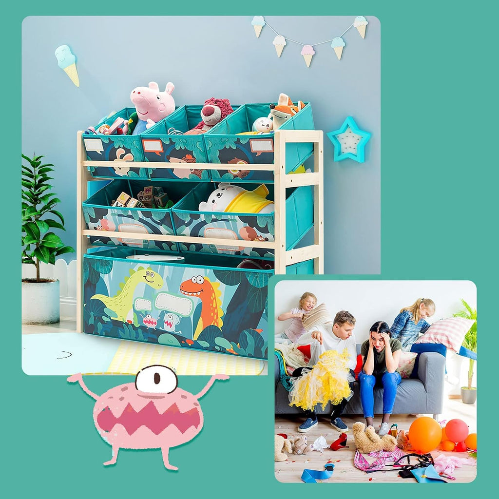 Toy Storage Organizer 6 Bins Wood Shelf with Dinosaur Design | toy rack storage bin organizer wooden bookshelf