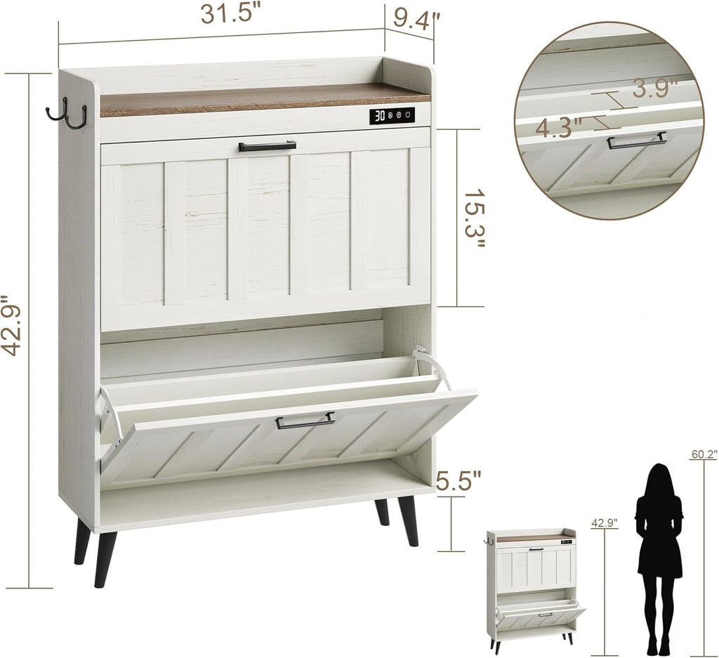 Shoe Storage Cabinet with 2 Flip Drawers, Deodorizing Shoe Organizer Storage , Freestanding Hidden Slim Narrow Shoe